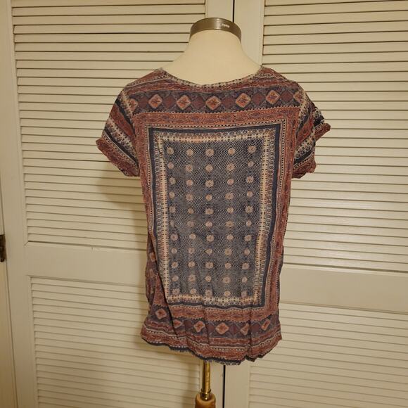 Boho 2000s Lucky Brand XL Geometric Printed Lightweight Linen Blend Tee Shirt XL - Picture 4 of 8